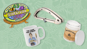 Left to Right: a Survivor logo replica puzzle, a Jeff Probst mug, a Survivor challenge bow diddley replica, a Survivor candle