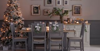 Grey dining room showing how to style a dining room ready for Christmas