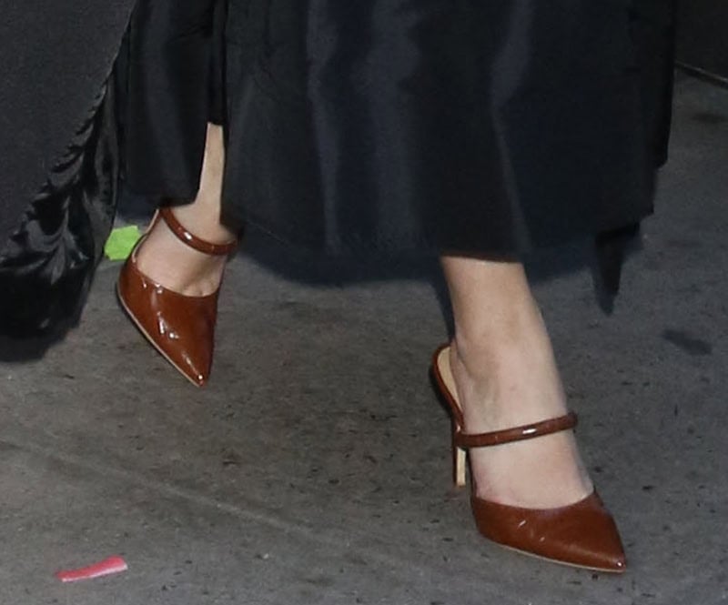 Sasha Pieterse completes her brown-and-black ensemble with brown croc pointed-toe mules by Michael Kors