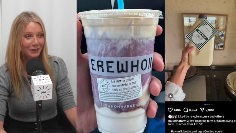 (Left to right) Gwyneth Paltrow discusses her raw milk-drinking habit on a podcast earlier this year, a safety sticker on an Erewhon smoothie with raw milk, and Ballerina Farm's Instagram post teasing the bottle design for raw milk, which it has not launched yet.